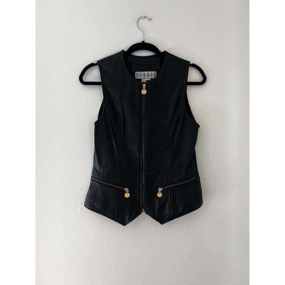 Vintage Siena Studio Black Leather Vintage Zip Up Vest 80s 90s Size Small Biker